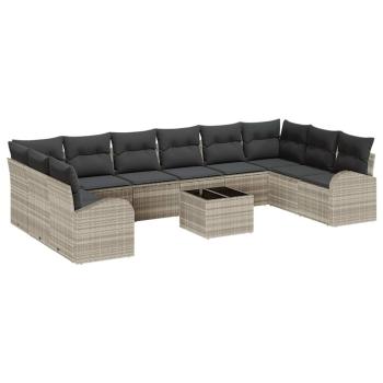 11-teilige Garten Sofa Set mit Kissen Grau Poly Rattan, 2-Sitzer Garten Sofa mit Stauraum & Kissen Hellgrau Poly Rattan