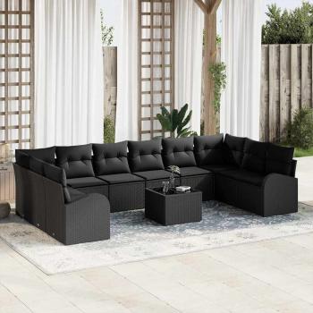 ARDEBO.de - 11-teiliges Garten Sofa Set mit Kissen Beige Poly Rattan, 2-Sitzer Garten Sofa mit Stauraum & Kissen Schwarz Poly Rattan