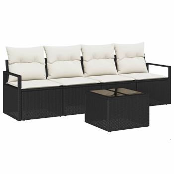 5-teiliges Garten-Sofaset mit Kissen Schwarz Poly Rattan, 2-Sitzer Garten-Sofa mit Stauraum & Kissen Schwarz Poly Rattan