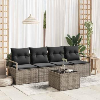 ARDEBO.de - 5-teiliges Garten Sofa Set mit Kissen Grau Poly Rattan, 2-Sitzer Garten Sofa mit Stauraum und Kissen Grau Poly Rattan