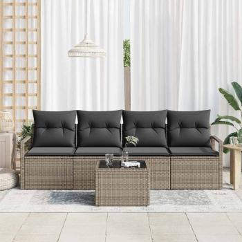5-teiliges Garten Sofa Set mit Kissen Grau Poly Rattan, 2-Sitzer Garten Sofa mit Stauraum und Kissen Grau Poly Rattan
