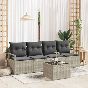 ARDEBO.de - 5-teiliges Garten-Sofa-Set mit Kissen Hellgrau Poly Rattan, 2-Sitzer Garten-Sofa mit Stauraum & Kissen Grau Poly Rattan