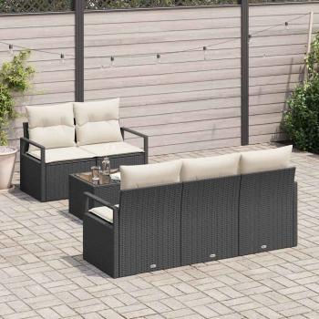 6-teiliges Garten-Sofa-Set mit Kissen Schwarz Poly Rattan, 2-Sitzer Garten-Sofa mit Stauraum & Kissen Schwarz Poly Rattan