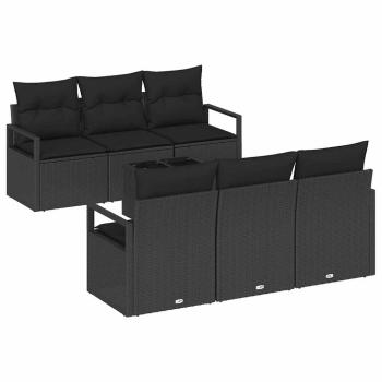 7-teiliges Garten-Sofa-Set mit Kissen Schwarz Poly Rattan, 2-Sitzer Garten-Sofa mit Stauraum & Kissen Schwarz Poly Rattan
