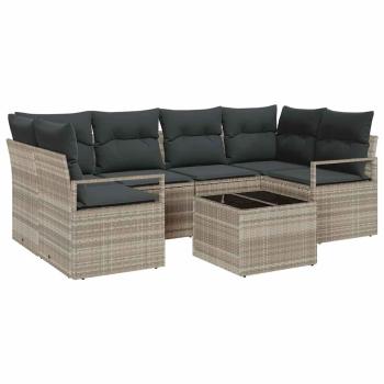 7-teiliges Garten Sofa Set mit Kissen Hellgrau Poly Rattan, 2-Sitzer Garten Sofa mit Stauraum & Kissen Grau Poly Rattan