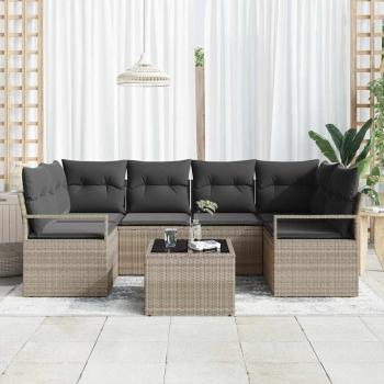 7-teiliges Garten Sofa Set mit Kissen Hellgrau Poly Rattan, 2-Sitzer Garten Sofa mit Stauraum & Kissen Grau Poly Rattan