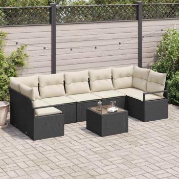 ARDEBO.de - 8-teiliges Garten Sofa Set mit Kissen Schwarz Poly Rattan, 2-Sitzer Garten Sofa mit Stauraum & Kissen Schwarz Poly Rattan