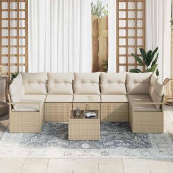 8-teilige Garten Sofa Set mit Kissen Beige Polyrattan, 2-Sitzer Garten Sofa mit Stauraum & Kissen Beige Polyrattan