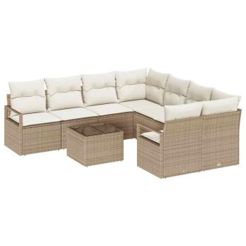 9-teiliges Garten Sofa Set mit Kissen Beige Poly Rattan, 2-Sitzer Garten Sofa mit Stauraum & Kissen Beige Poly Rattan