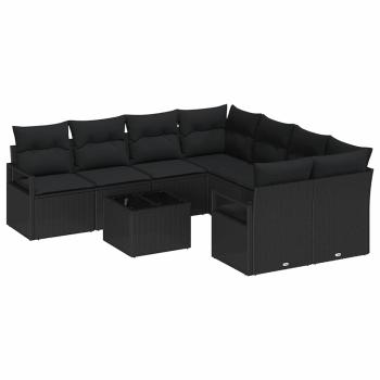 9-teiliges Gartensofa Set mit Kissen Schwarz Poly-Rattan, 2-Sitzer Gartensofa mit Stauraum & Kissen Schwarz Poly-Rattan