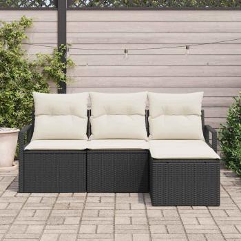 4-teiliges Garten-Sofa-Set mit Kissen Schwarzes Poly-Rattan, 2-Sitzer Garten-Sofa mit Stauraum & Kissen Schwarzes Poly-Rattan