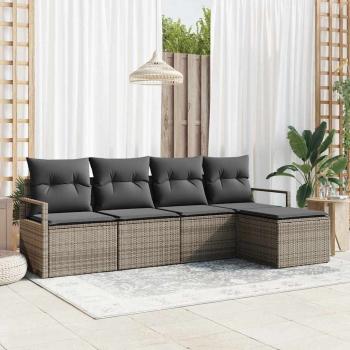 ARDEBO.de - 5-teiliges Garten Sofa Set mit Kissen grau Poly Rattan, 2-Sitzer Garten Sofa mit Stauraum & Kissen grau Poly Rattan