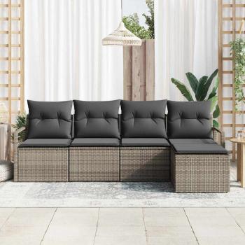 5-teiliges Garten Sofa Set mit Kissen grau Poly Rattan, 2-Sitzer Garten Sofa mit Stauraum & Kissen grau Poly Rattan