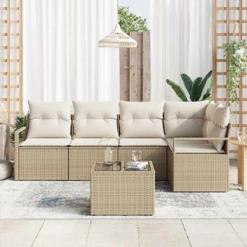 6-tlg. Garten-Sofa-Set mit Kissen Braunes Poly-Rattan, 2-Sitzer Garten-Sofa mit Stauraum & Kissen Beiges Poly-Rattan