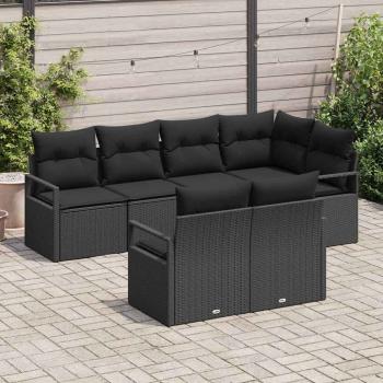 7-teiliges Garten-Sofa-Set mit Kissen Schwarz Poly-Rattan, 2-Sitzer Garten-Sofa mit Stauraum & Kissen Schwarz Poly-Rattan