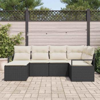 6-teiliges Garten Sofa Set mit Kissen aus schwarzem Poly Rattan, 2-Sitzer Garten Sofa mit Stauraum und Kissen aus schwarzem Poly Rattan