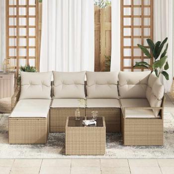 7-teiliges Garten-Sofa-Set mit Kissen in Braun Poly-Rattan, 2-Sitzer Garten-Sofa mit Stauraum & Kissen in Beige Poly-Rattan