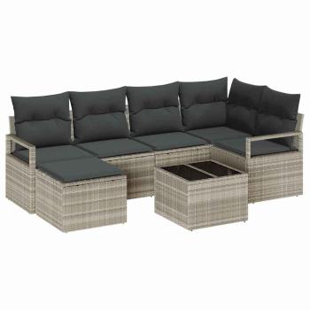 7-teiliges Garten Sofa Set mit Kissen grau Poly Rattan, 2-Sitzer Garten Sofa mit Stauraum & Kissen grau Poly Rattan