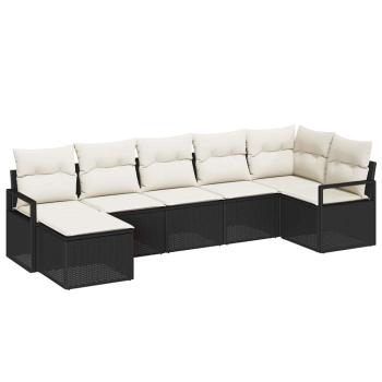 7-teiliges Garten Sofa Set mit Kissen Schwarz Poly Rattan, 2-Sitzer Garten Sofa mit Stauraum & Kissen Schwarz Poly Rattan
