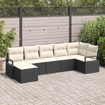 7-teiliges Garten Sofa Set mit Kissen Schwarz Poly Rattan, 2-Sitzer Garten Sofa mit Stauraum & Kissen Schwarz Poly Rattan