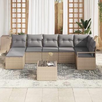 8 Stück Garten Sofa Set mit Kissen Schwarz Poly Rattan, 2-Sitzer Garten Sofa mit Stauraum & Kissen Beige Poly Rattan