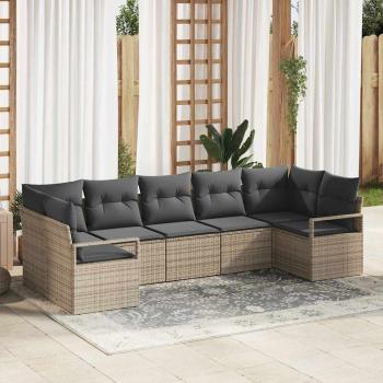 ARDEBO.de - 7-teilige Garten Sofa Set mit Kissen Grau Poly Rattan, 2-Sitzer Garten Sofa mit Stauraum & Kissen Grau Poly Rattan