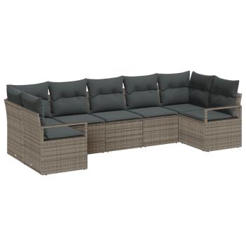 7-teilige Garten Sofa Set mit Kissen Grau Poly Rattan, 2-Sitzer Garten Sofa mit Stauraum & Kissen Grau Poly Rattan