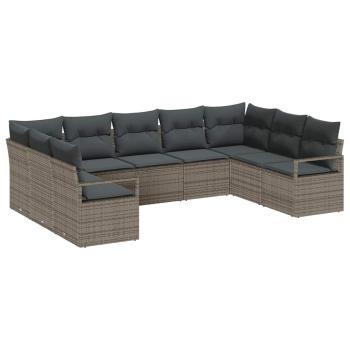 9-teiliges Garten-Sofa-Set mit Kissen Grau Poly Rattan, 2-Sitzer Garten-Sofa mit Stauraum & Kissen Grau Poly Rattan