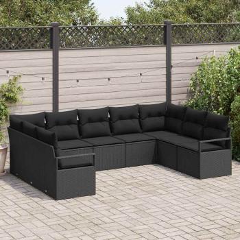 ARDEBO.de - 9-teilige Garten Sofa Set mit Kissen Schwarz Poly Rattan, 2-Sitzer Garten Sofa mit Stauraum & Kissen Schwarz Poly Rattan
