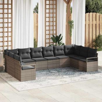 ARDEBO.de - 10-teiliges Garten Sofa Set mit Kissen Grau Poly Rattan, 2-Sitzer Garten Sofa mit Stauraum & Kissen Grau Poly Rattan