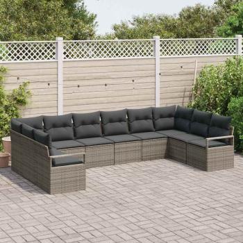 10-teiliges Garten Sofa Set mit Kissen Grau Poly Rattan, 2-Sitzer Garten Sofa mit Stauraum & Kissen Grau Poly Rattan