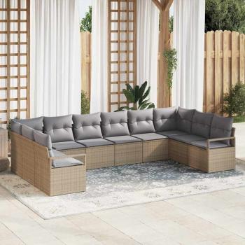 ARDEBO.de - 10-teiliges Garten Sofa Set mit Kissen Beigefarbenes Poly Rattan, 2-Sitzer Garten Sofa mit Stauraum & Kissen Beigefarbenes Poly Rattan
