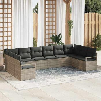 ARDEBO.de - 10-teiliges Garten Sofa Set mit Kissen Hellgraues Poly Rattan, 2-Sitzer Garten Sofa mit Stauraum & Kissen Grau Poly Rattan