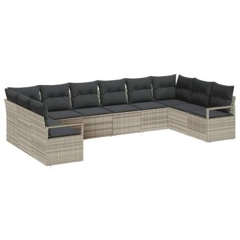 10-teiliges Garten Sofa Set mit Kissen Hellgraues Poly Rattan, 2-Sitzer Garten Sofa mit Stauraum & Kissen Grau Poly Rattan