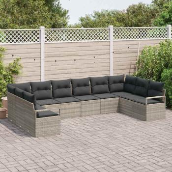 10-teiliges Garten Sofa Set mit Kissen Hellgraues Poly Rattan, 2-Sitzer Garten Sofa mit Stauraum & Kissen Grau Poly Rattan