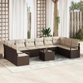 ARDEBO.de - 10-teiliges Garten Sofa Set mit Kissen - graues Poly Rattan, 2-Sitzer Garten Sofa mit Stauraum & Kissen - braunes Poly Rattan