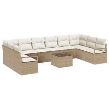 11-teiliges Garten Sofa Set mit Kissen Braun Poly Rattan, 2-Sitzer Garten Sofa mit Stauraum & Kissen Beige Poly Rattan