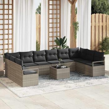 ARDEBO.de - 11-teiliges Garten Sofa Set mit Kissen Grau Poly Rattan, 2-Sitzer Garten Sofa mit Stauraum & Kissen Grau Poly Rattan