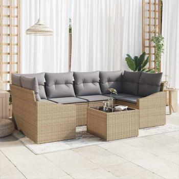 ARDEBO.de - 7-teiliges Garten-Essgruppen-Set mit Kissen Beige Poly Rattan