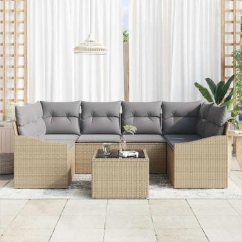 7-teiliges Garten-Essgruppen-Set mit Kissen Beige Poly Rattan