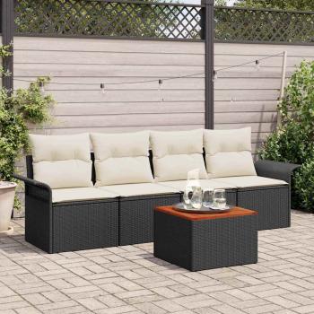 ARDEBO.de - 5-teiliges Garten Sofa Set mit Kissen Schwarz Poly Rattan Akazie, 2-Sitzer Garten Sofa mit Stauraum & Kissen Schwarz Poly Rattan