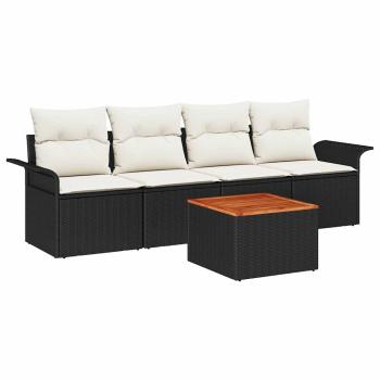 5-teiliges Garten Sofa Set mit Kissen Schwarz Poly Rattan Akazie, 2-Sitzer Garten Sofa mit Stauraum & Kissen Schwarz Poly Rattan