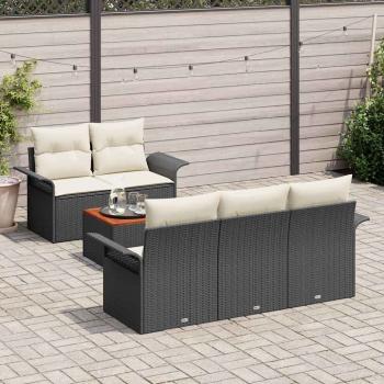 6-teiliges Garten Sofa Set mit Kissen Schwarz Poly Rattan Akazie, 2-Sitzer Garten Sofa mit Stauraum & Kissen Schwarz Poly Rattan