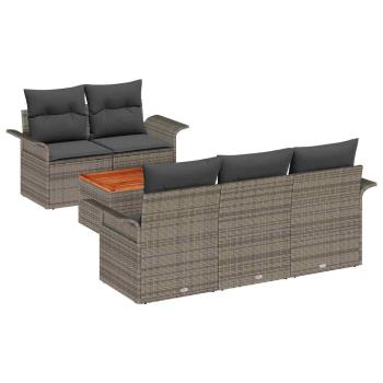 ARDEBO.de - 6-teiliges Garten-Sofa-Set mit Kissen Grau Poly Rattan Akazie, 2-Sitzer Garten-Sofa mit Stauraum & Kissen Grau Poly Rattan