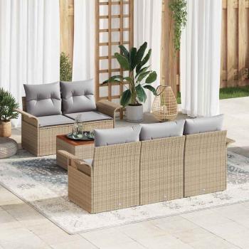 ARDEBO.de - 6-teiliges Garten-Sofa-Set mit Kissen Beige Poly Rattan Akazie, 2-Sitzer Garten-Sofa mit Stauraum & Kissen Beige Poly Rattan