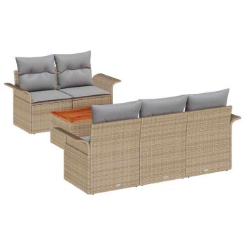 6-teiliges Garten-Sofa-Set mit Kissen Beige Poly Rattan Akazie, 2-Sitzer Garten-Sofa mit Stauraum & Kissen Beige Poly Rattan