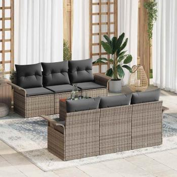 ARDEBO.de - 7-teiliges Garten Sofa Set mit Kissen Grau Poly Rattan Akazie, 2-Sitzer Garten Sofa mit Stauraum & Kissen Grau Poly Rattan