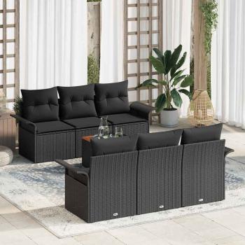 ARDEBO.de - 7-teiliges Garten-Sofa-Set mit Kissen Schwarz Poly-Rattan Akazie, 2-Sitzer Garten-Sofa mit Stauraum & Kissen Schwarz Poly-Rattan