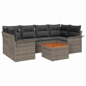 7-teiliges Garten Sofa Set mit Kissen Grau Poly Rattan Akazie, 2-Sitzer Garten Sofa mit Stauraum & Kissen Grau Poly Rattan