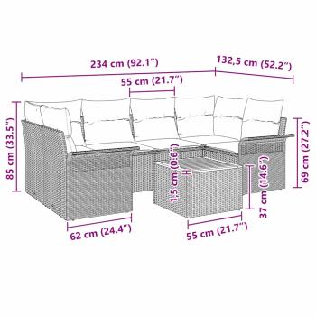 7-teiliges Garten Sofa Set mit Kissen Grau Poly Rattan Akazie, 2-Sitzer Garten Sofa mit Stauraum & Kissen Grau Poly Rattan